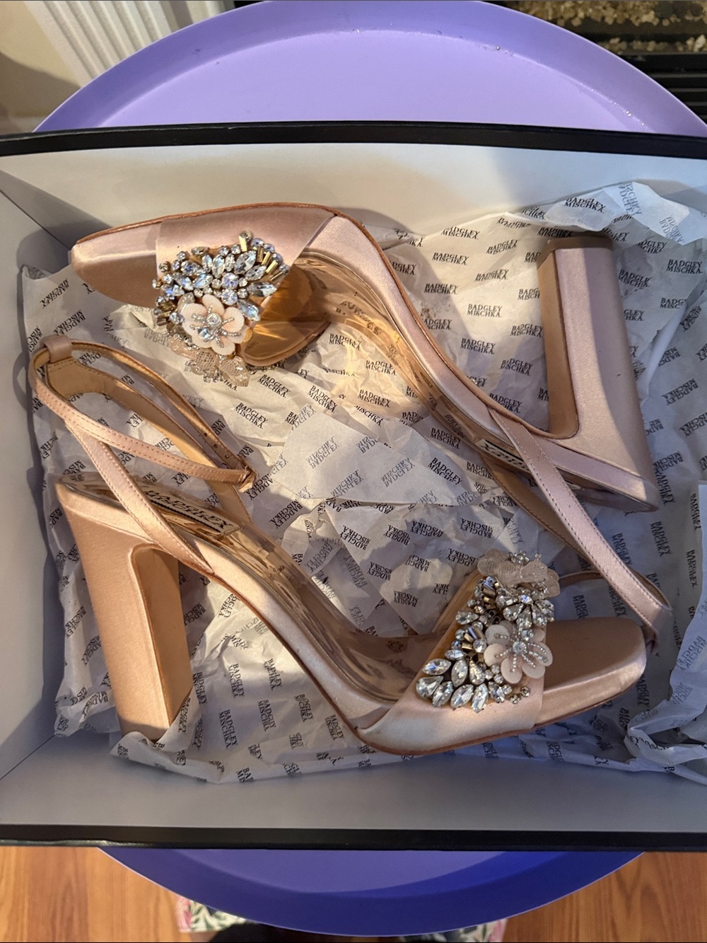 Badgley Mischka Blush Pink Satin Jeweled Block Heel Sandals